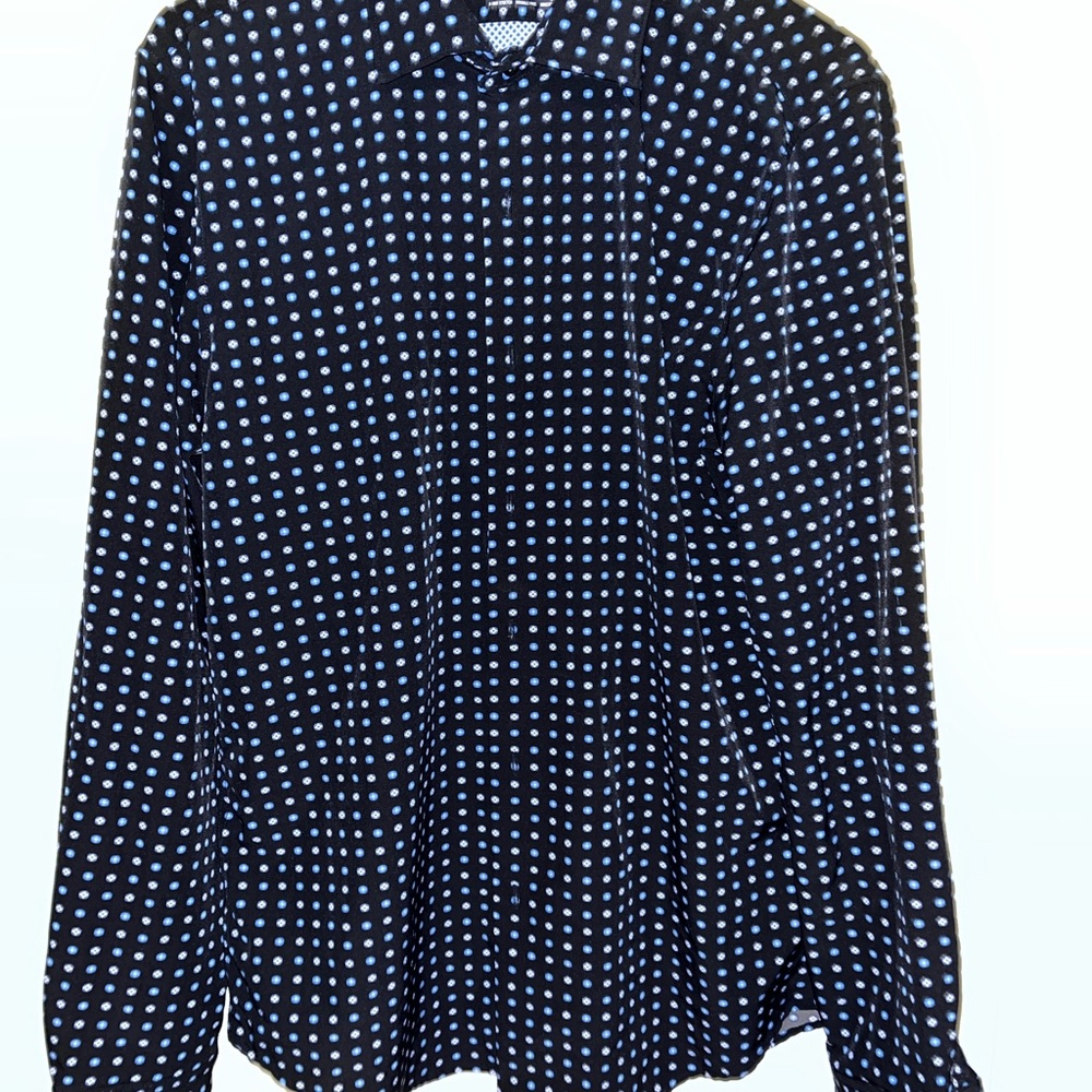 Denim & Flower Men’s Black Button-Down Shirt with Blue Dot Pattern - Picture 2 of 3
